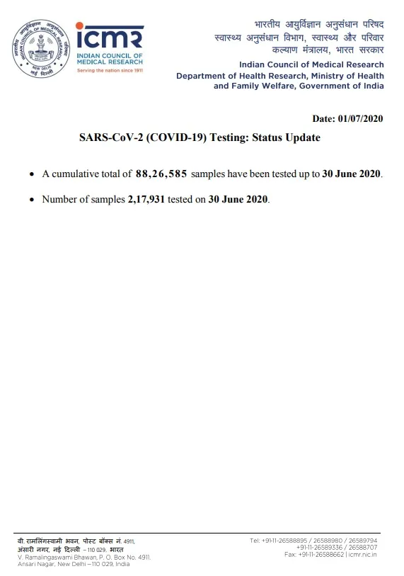 coronavirus number of samples tested icmr 